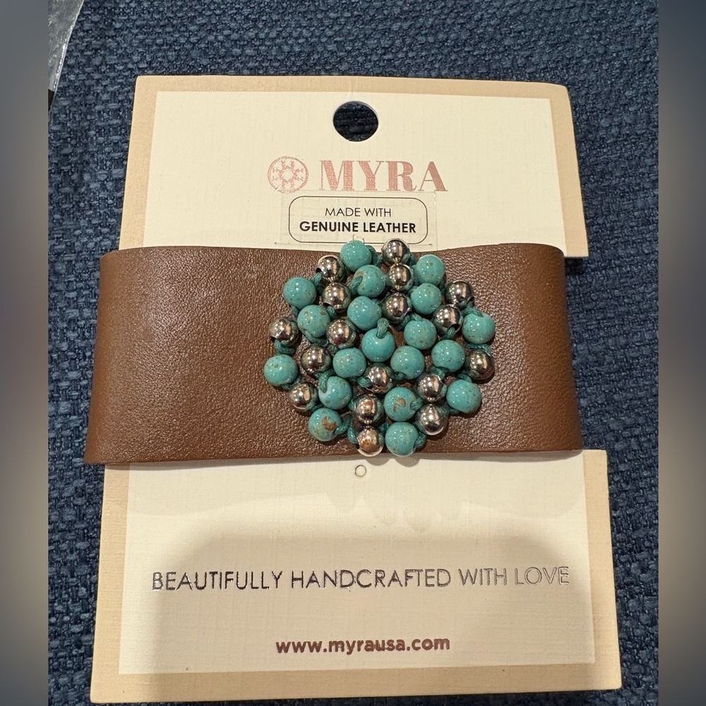 Myra Bag Brown Leather Bracelet with Turquoise and Silver Beads